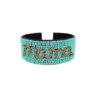 Handmade Beaded "Mama" Cuff Bracelet - Turquoise & Gold - Perfect Gift For Cool